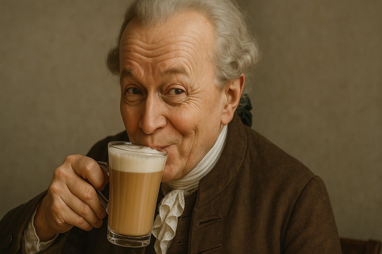 Gesellschaftskritischer Blog – Immanuel Kant mit Kaffee, Symbol für Alltag trifft Philosophie.