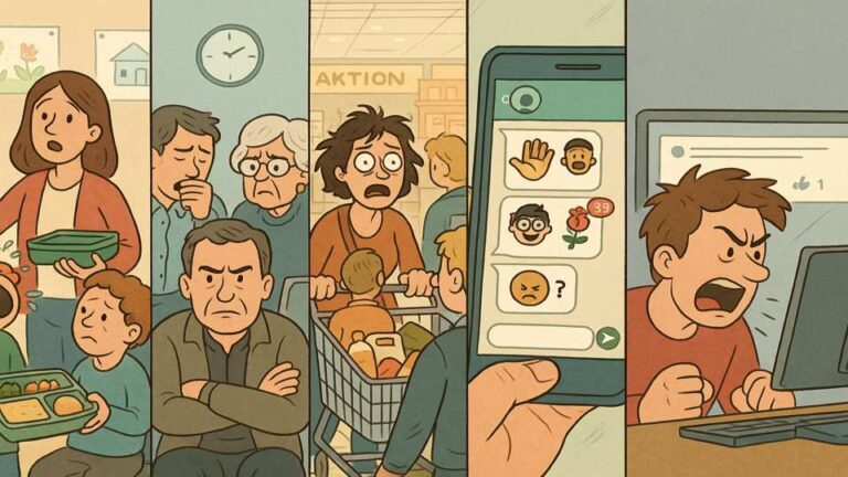 llustration zu den fünf gefährlichsten Orten Deutschlands: Kita, Wartezimmer, Supermarkt, WhatsApp und Kommentarspalte