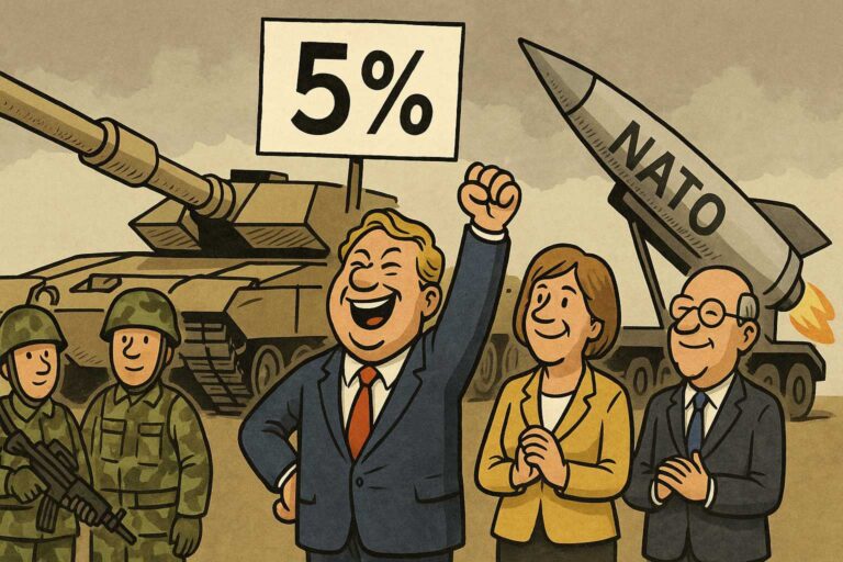 Satirische Illustration zur NATO Beitragserhöhung 5 Prozent – Politiker jubeln vor Militärgerät, während soziale Themen auf der Strecke bleiben.