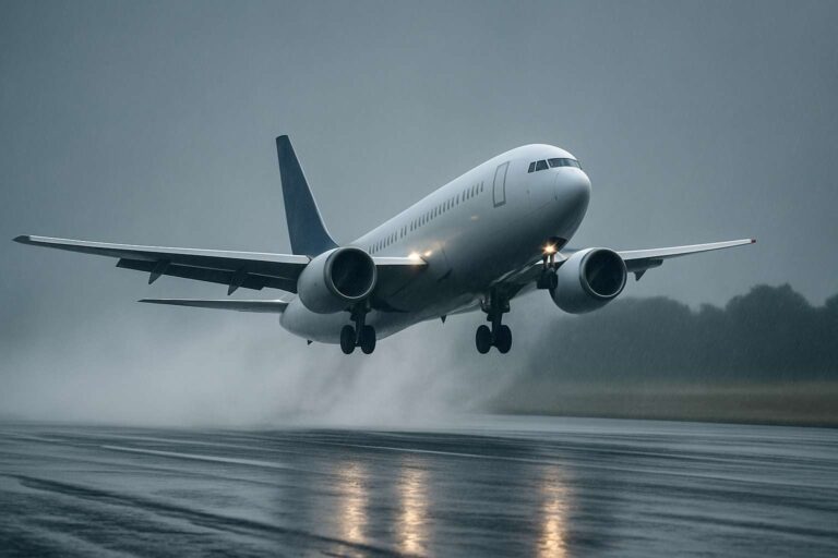 Abschiebung integrierter Migranten bei Regenstart eines Flugzeugs, das von einer nassen Startbahn abhebt und Wasser aufwirbelt.