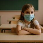 Kind mit Maske im leeren Klassenzimmer – Sinnbild der Corona-Maßnahmen an Schulen