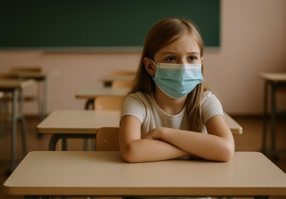 Kind mit Maske im leeren Klassenzimmer – Sinnbild der Corona-Maßnahmen an Schulen