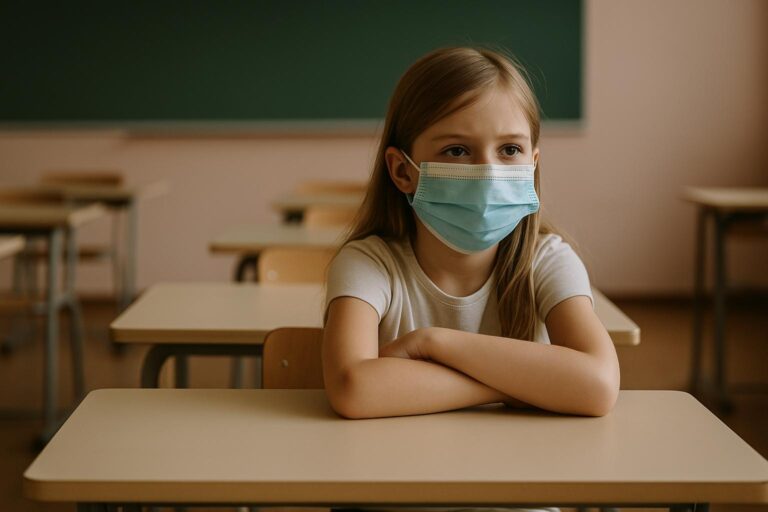 Kind mit Maske im leeren Klassenzimmer – Sinnbild der Corona-Maßnahmen an Schulen