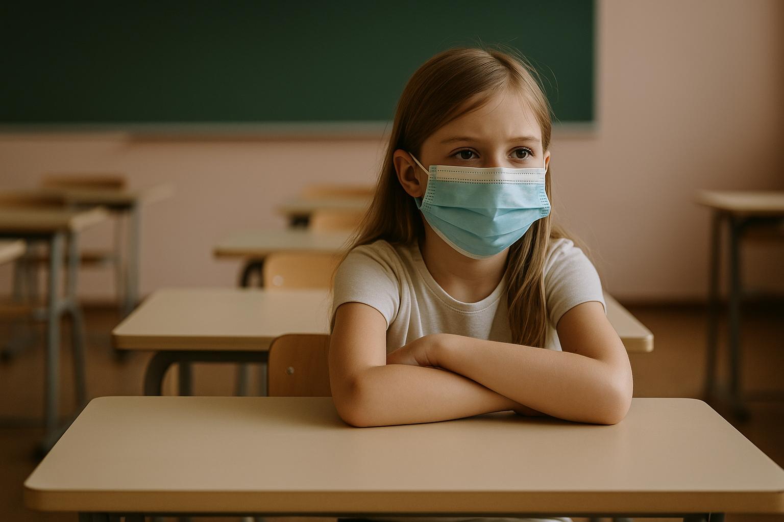 Kind mit Maske im leeren Klassenzimmer – Sinnbild der Corona-Maßnahmen an Schulen