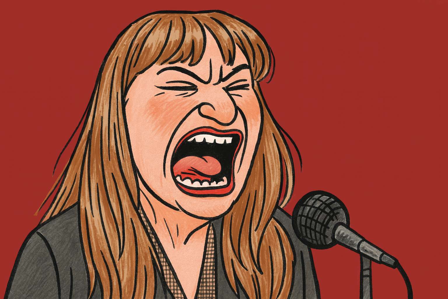 Karikatur einer empörten Frau, schreiend ins Mikrofon vor rotem Hintergrund.