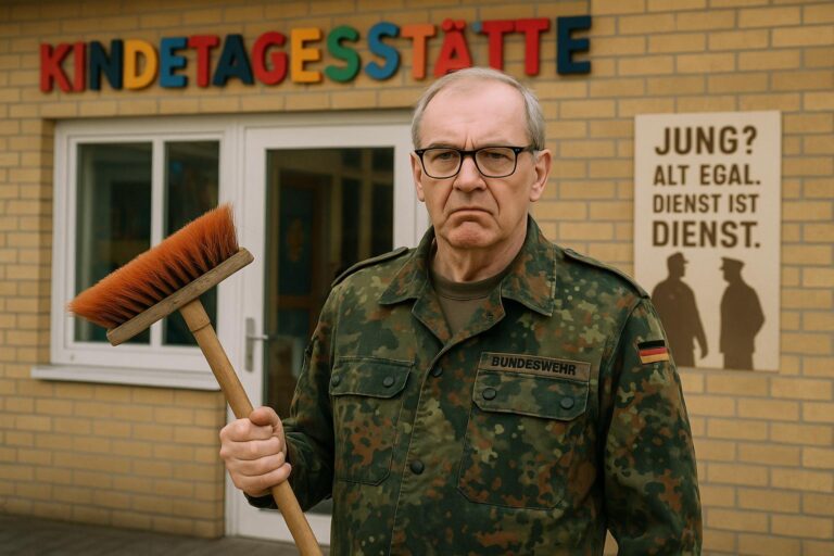 Ein Rentner im Bundeswehranzug mit Besen – satirische Darstellung der Pflichtjahr-Debatte für Senioren