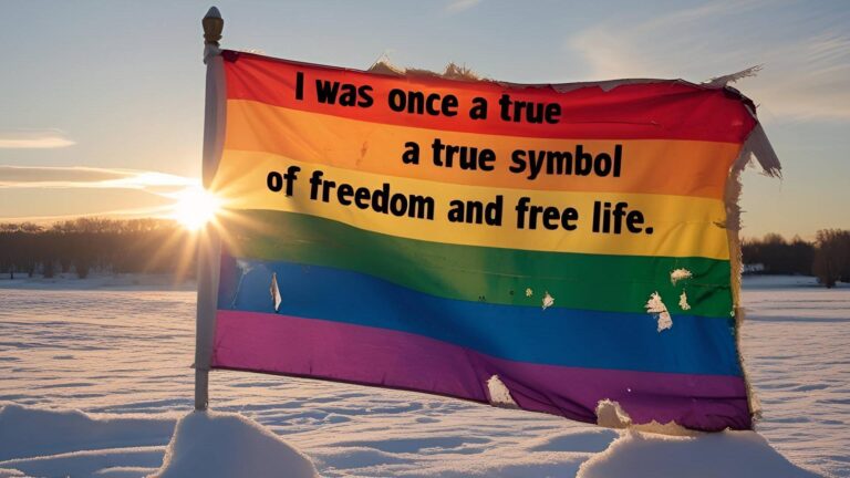Zerrissene, verblasste Regenbogenflagge im Schnee bei Sonnenaufgang – mit der Aufschrift: „Ich war mal ein echtes Symbol für Freiheit und freies Leben“ – Symbolbild für den Bedeutungsverlust queerer Sichtbarkeit.