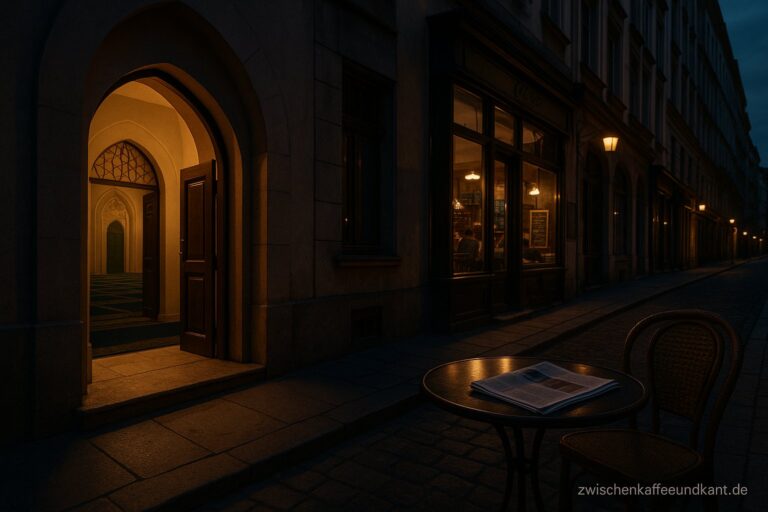 Islamkritik in Europa: offene Moscheetür und Straßencafé gegenüber, Symbol für Debatte zwischen Religionsfreiheit und säkularem Alltag