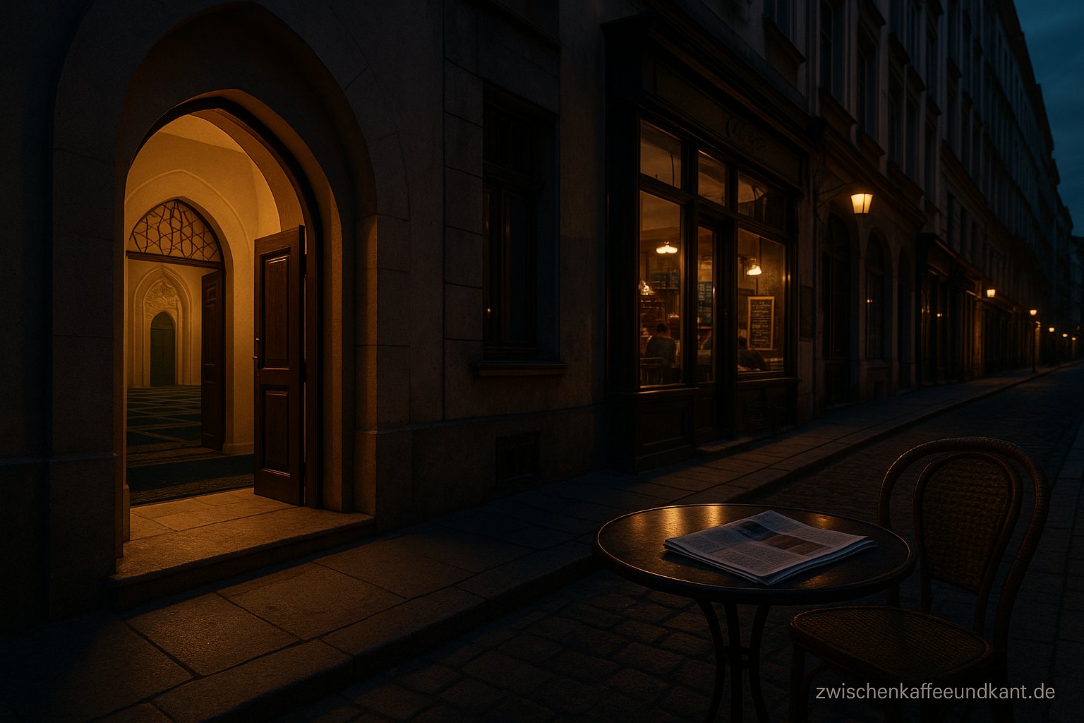 Islamkritik in Europa: offene Moscheetür und Straßencafé gegenüber, Symbol für Debatte zwischen Religionsfreiheit und säkularem Alltag