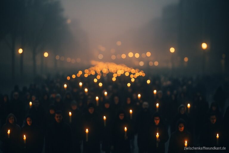 Prozession im Nebel mit Kerzen als Sinnbild für Religion als organisierte Schizophrenie