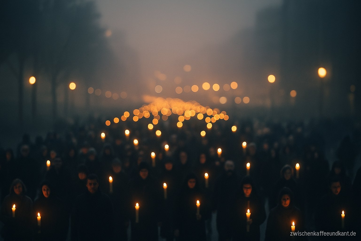 Prozession im Nebel mit Kerzen als Sinnbild für Religion als organisierte Schizophrenie