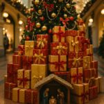 Überladener Weihnachtsbaum mit Geschenketürmen, kleine Krippe fast unsichtbar – Symbol für Konsum statt Krippe.