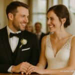 Ein glücklich lächelndes Brautpaar sitzt bei seiner Trauung im Standesamt, die Braut in einem weißen Spitzenkleid, der Bräutigam im dunklen Anzug. Beide halten sich an den Händen, während sanftes Licht auf sie fällt. Unten rechts steht die Blogadresse zwischenkaffeeundkant.de.