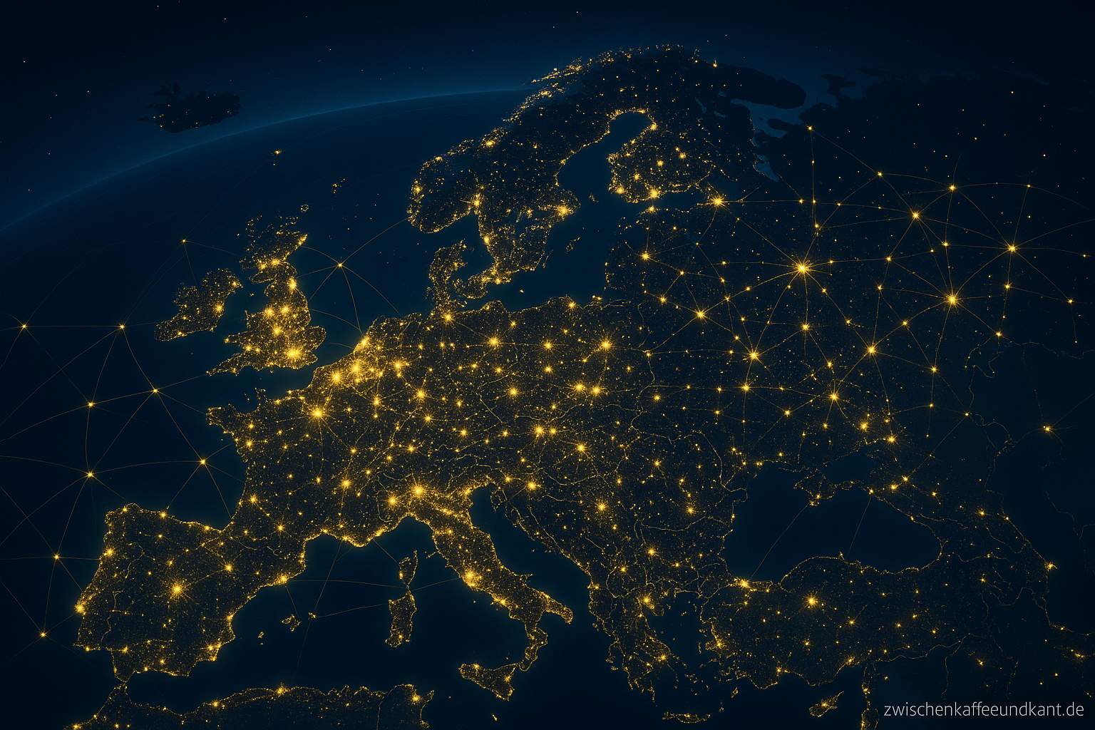 Leuchtendes Europa bei Nacht mit sichtbaren Strom- und Datenlinien – Symbol für Selbstständigkeit, Vernetzung und Frieden.