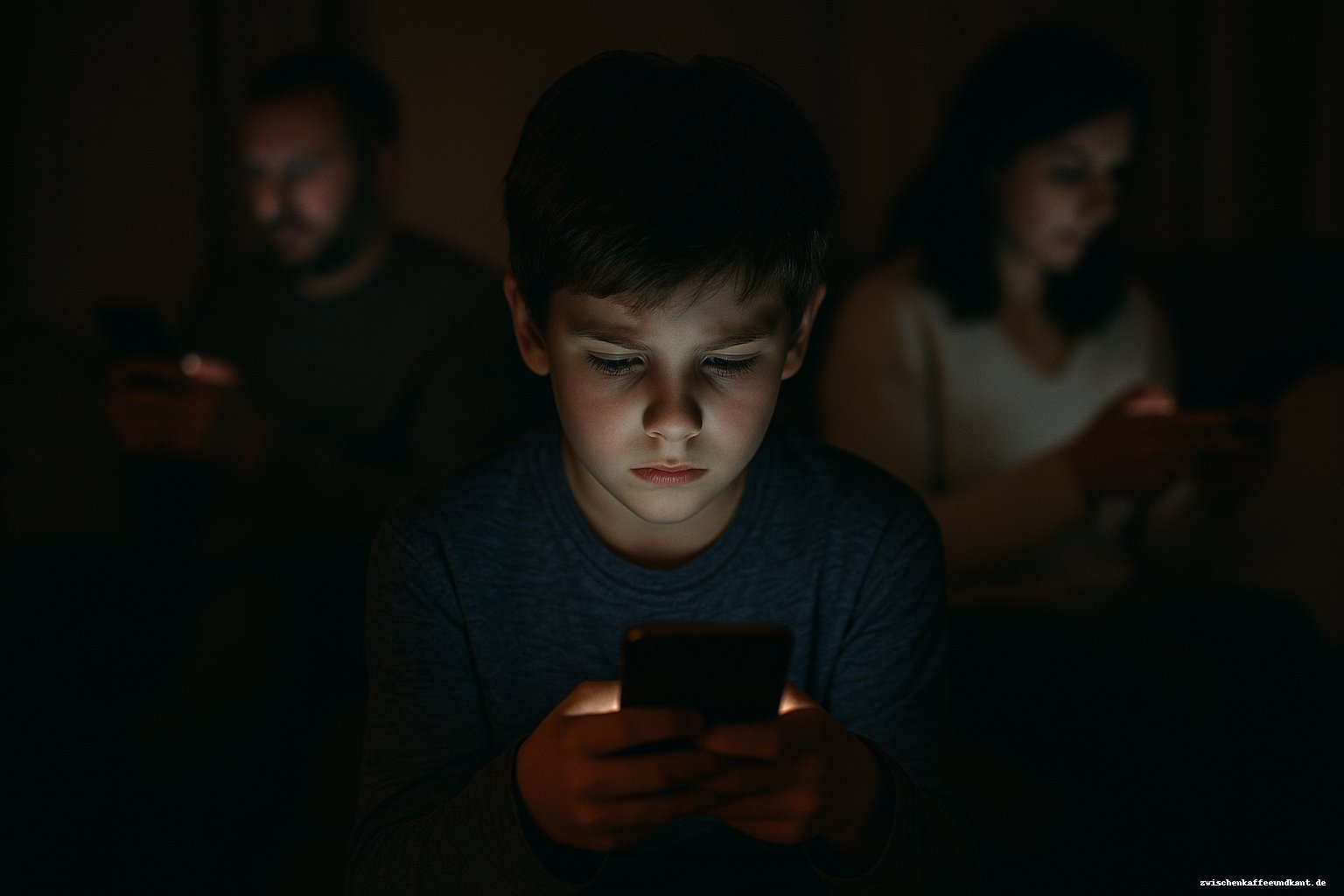 Kind mit Smartphone im Dunkeln – Symbol für Kinderschutz statt Klickzahlen – zwischenkaffeeundkant.de