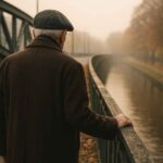 Der letzte Spaziergang: Ein alter Mann steht an einer herbstlichen Stadtbrücke und blickt auf den Fluss.