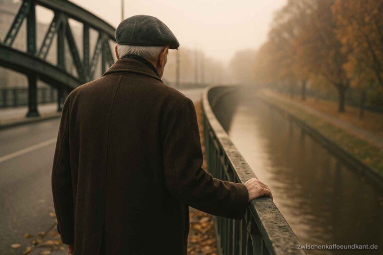 Der letzte Spaziergang: Ein alter Mann steht an einer herbstlichen Stadtbrücke und blickt auf den Fluss.