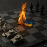 Militärisches Schachbrett aus Stahlplatten, weiße Figuren sind Panzer, schwarze sind Soldaten. In der Mitte brennt eine ukrainische Flagge – Symbol für das zynische Machtspiel der Großmächte.