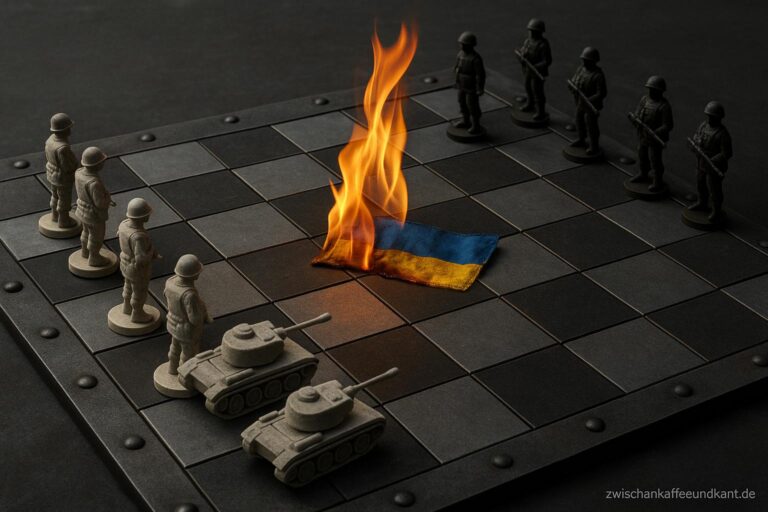 Militärisches Schachbrett aus Stahlplatten, weiße Figuren sind Panzer, schwarze sind Soldaten. In der Mitte brennt eine ukrainische Flagge – Symbol für das zynische Machtspiel der Großmächte.