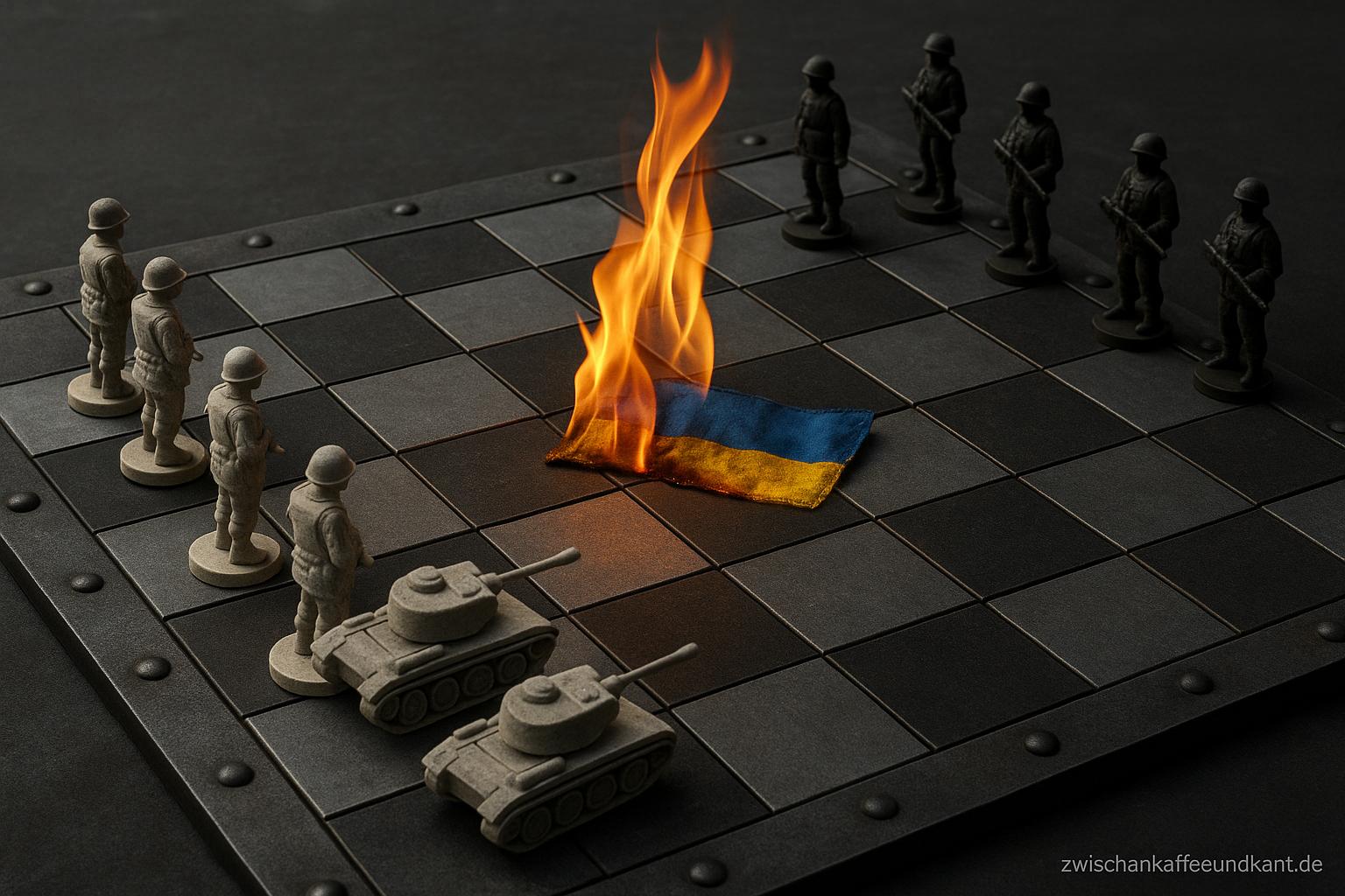 Militärisches Schachbrett aus Stahlplatten, weiße Figuren sind Panzer, schwarze sind Soldaten. In der Mitte brennt eine ukrainische Flagge – Symbol für das zynische Machtspiel der Großmächte.