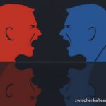 Zwei schreiende Silhouetten in Rot und Blau – Symbol für AfD und Linke als politische Zwillinge.