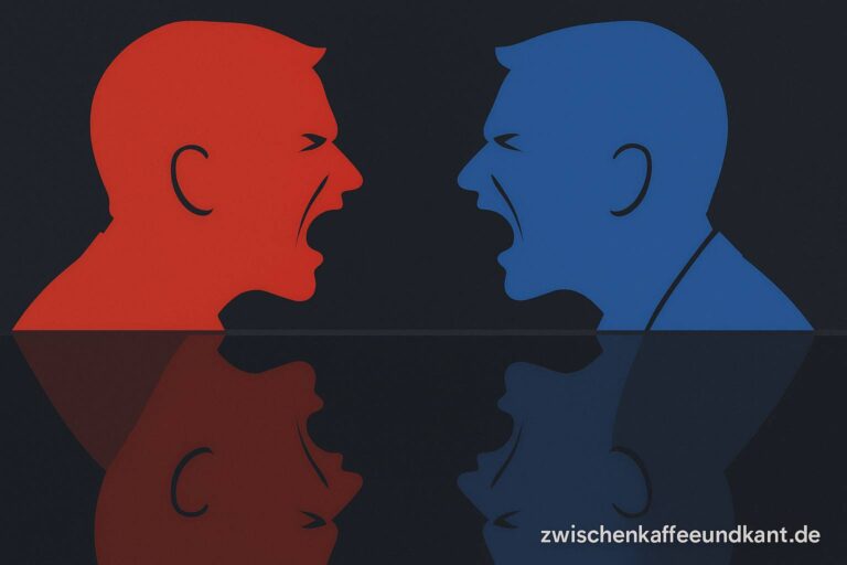 Zwei schreiende Silhouetten in Rot und Blau – Symbol für AfD und Linke als politische Zwillinge.