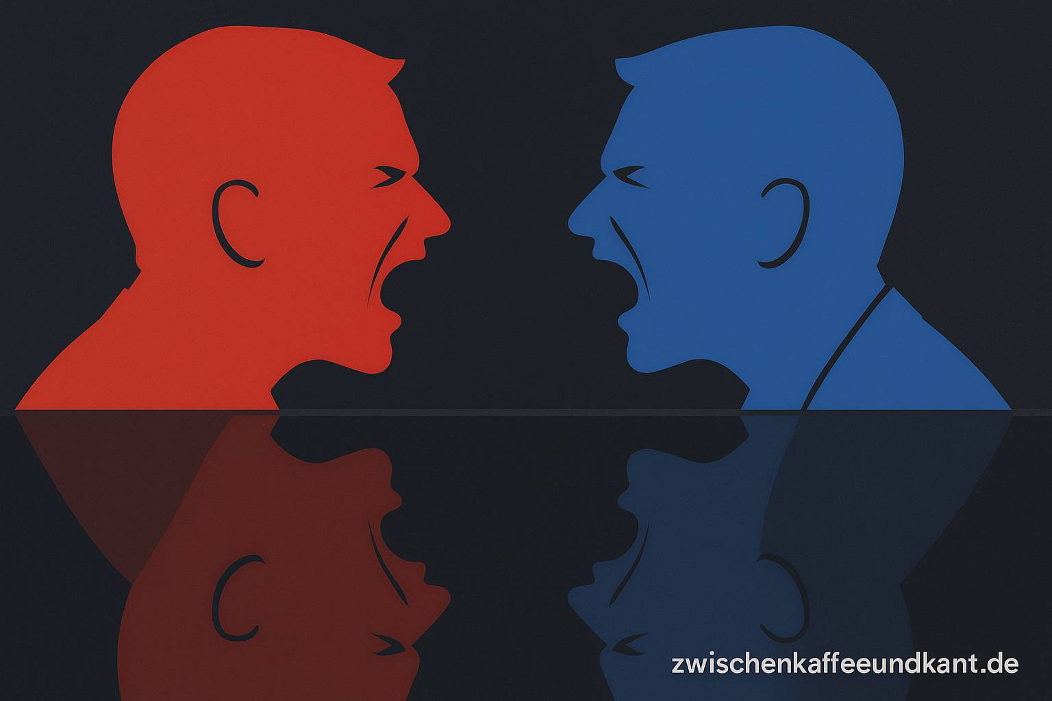 Zwei schreiende Silhouetten in Rot und Blau – Symbol für AfD und Linke als politische Zwillinge.