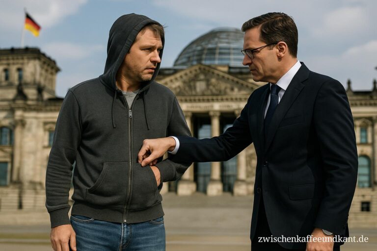 Ein Mann in schlichter Kleidung steht vor dem Reichstag in Berlin, während ihm ein Mann im Anzug in die Tasche greift – sinnbildlich für politische Ungerechtigkeit und die Bürgergeld-Reform in Deutschland.