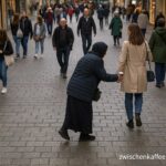 Bettelbanden in der Innenstadt – Blick aus dem Café auf die Fußgängerzone in Pforzheim mit bettelnder Person am Rand.