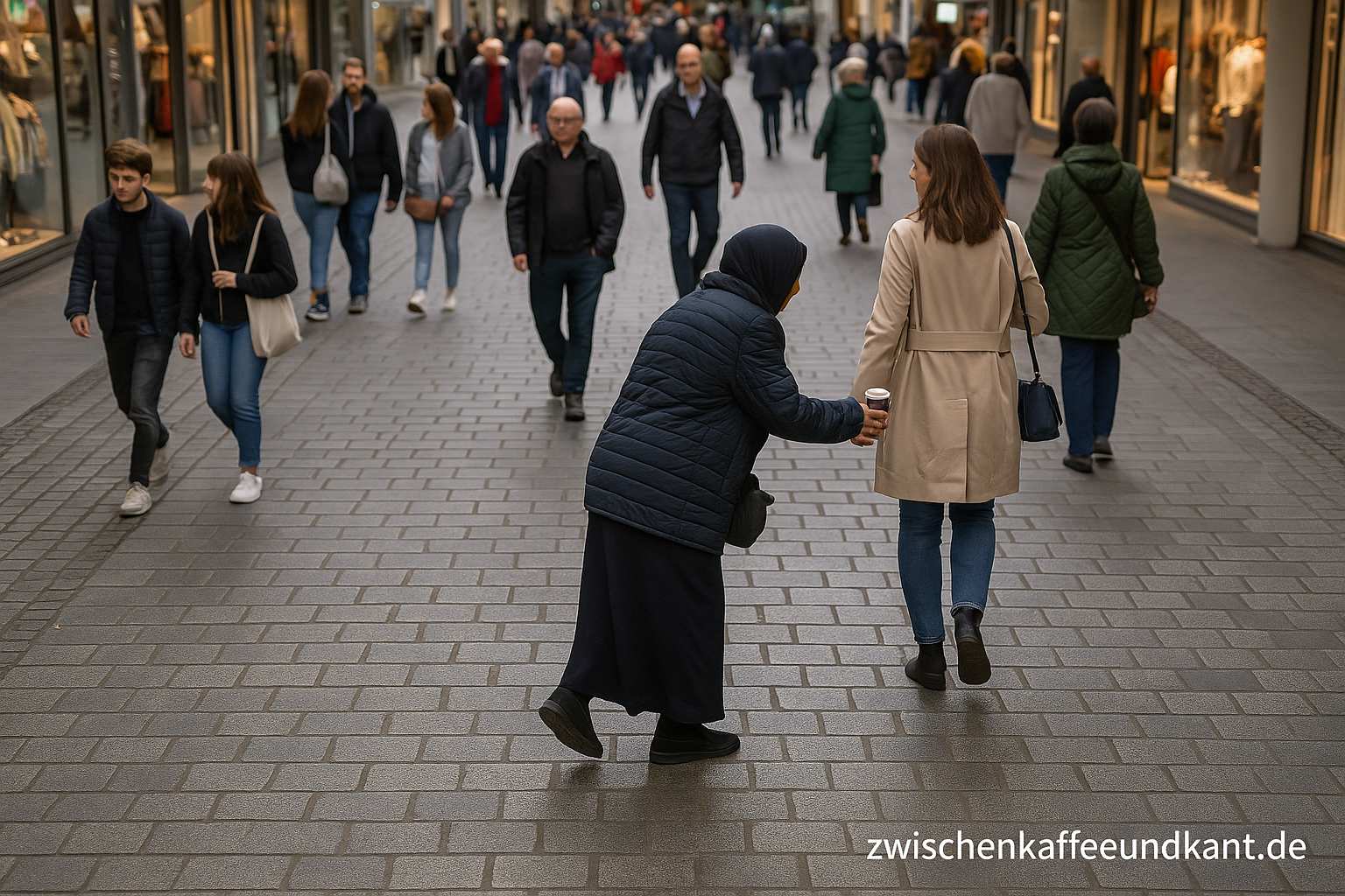 Bettelbanden in der Innenstadt – Blick aus dem Café auf die Fußgängerzone in Pforzheim mit bettelnder Person am Rand.