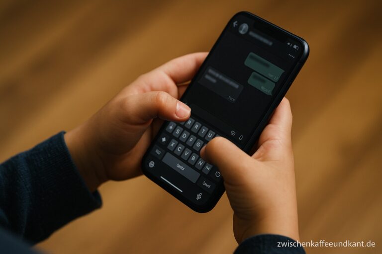 Ein Kind hält ein Smartphone mit geöffneter Chat-App – Symbolbild für Chatkontrolle und Kinderschutz.
