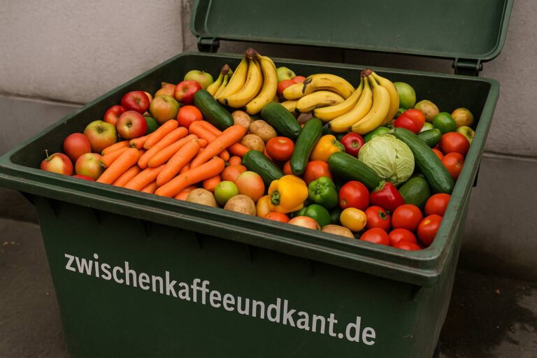 Weggeworfenes, aber frisches Obst und Gemüse in einer Mülltonne – Symbol für Lebensmittelverschwendung in Deutschland