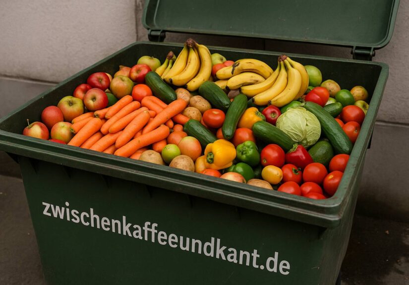 Weggeworfenes, aber frisches Obst und Gemüse in einer Mülltonne – Symbol für Lebensmittelverschwendung in Deutschland
