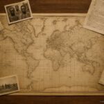 Historische Weltkarte mit alten Dokumenten über die schlimmsten Menschheitsverbrechen.