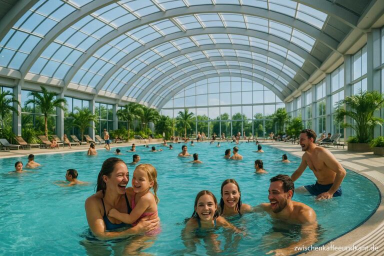 Panoramabad Pforzheim in moderner Hallenbad-Optik mit vielen Badegästen unter einem großen Glasdach; unten rechts steht zwischenkaffeeundkant.de.