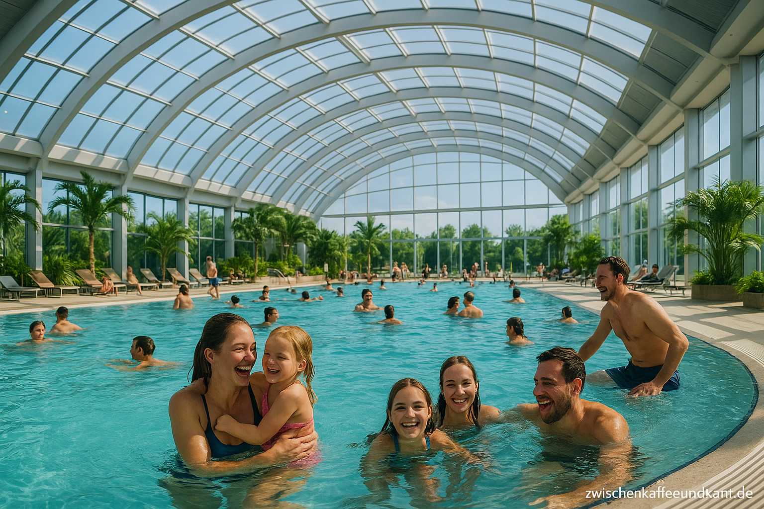 Panoramabad Pforzheim in moderner Hallenbad-Optik mit vielen Badegästen unter einem großen Glasdach; unten rechts steht zwischenkaffeeundkant.de.