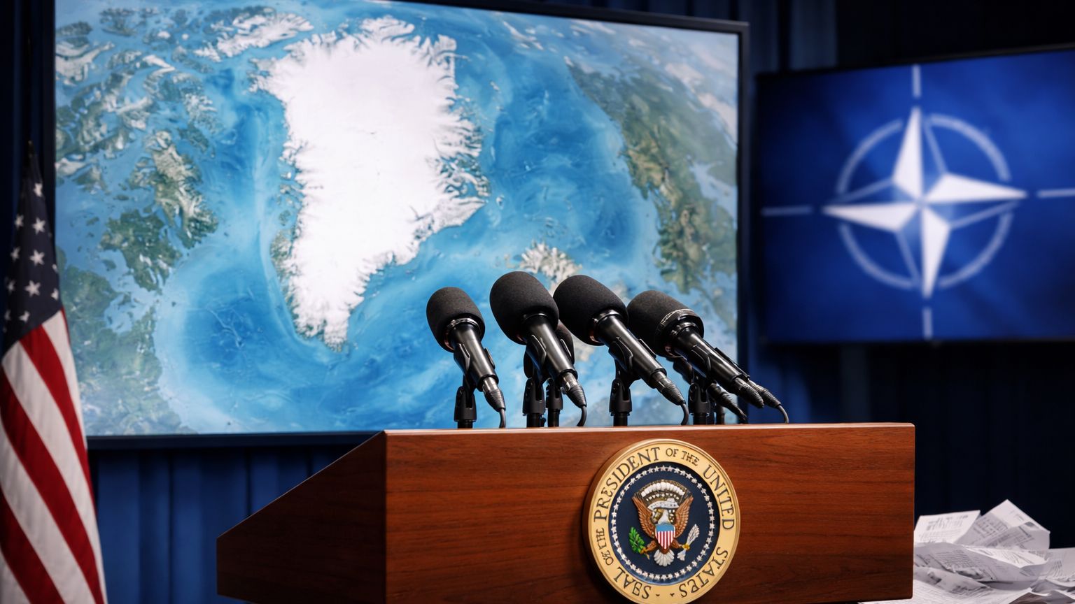 Grönland-Ansage: Selbst den Republikanern zu krank: Trump droht Grönland bei einer Pressekonferenz, im Hintergrund eine Karte von Grönland