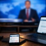Tagesschau Märchenstunde: Fernseher mit Nachrichtensendung, daneben Smartphone und Laptop zum Gegenchecken von Meldungen, Symbol für Medienmanipulation.