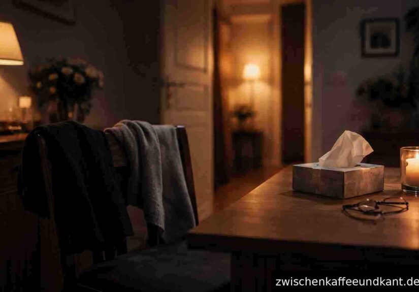 Wenn ein Mensch stirbt, fallen Masken.stille Trauer in einer Wohnung nach einem Verlust