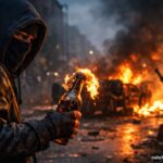 Vermummte Person hält einen brennenden Molotowcocktail auf einer nächtlichen Straße, im Hintergrund brennende Fahrzeuge und Rauch in urbaner Umgebung.