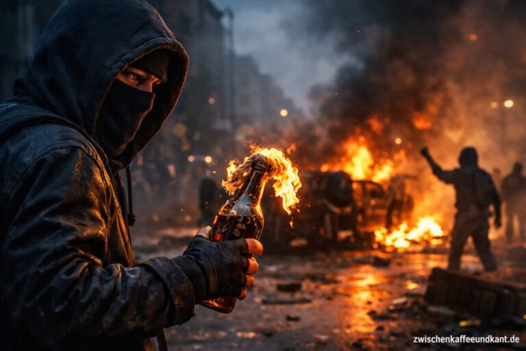 Vermummte Person hält einen brennenden Molotowcocktail auf einer nächtlichen Straße, im Hintergrund brennende Fahrzeuge und Rauch in urbaner Umgebung.
