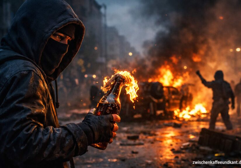 Vermummte Person hält einen brennenden Molotowcocktail auf einer nächtlichen Straße, im Hintergrund brennende Fahrzeuge und Rauch in urbaner Umgebung.