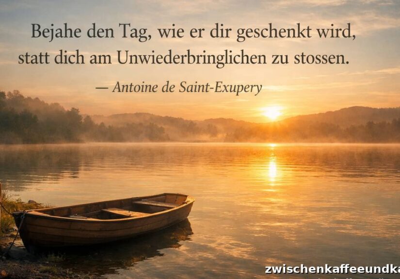 Ruhige Landschaft mit See im warmen Licht des Sonnenaufgangs, dazu das Zitat Bejahe den Tag von Antoine de Saint-Exupery, Symbol fuer Gegenwart und Akzeptanz