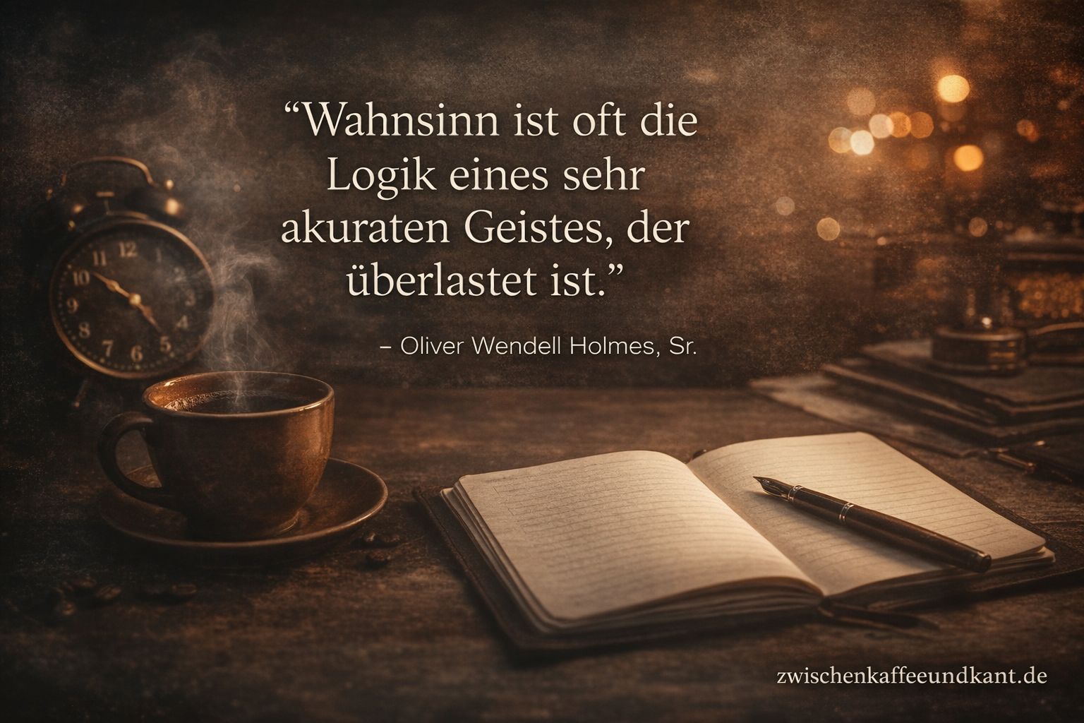 Zitat von Oliver Wendell Holmes über den akkuraten Geist und geistige Überlastung, dargestellt im Stil von Zwischen Kaffee & Kant mit zwischenkaffeeundkant.de