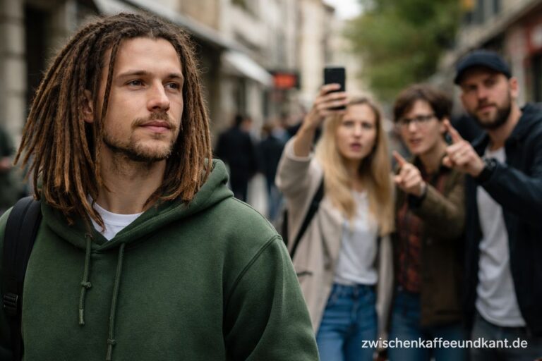 kulturelle Aneignung Bullshit: Person mit Dreadlocks und erhobener Zeigefinger im Hintergrund