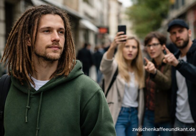 kulturelle Aneignung Bullshit: Person mit Dreadlocks und erhobener Zeigefinger im Hintergrund