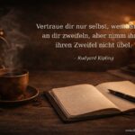 Kaffeetasse, Notizbuch und Uhr auf Holztisch mit Zitat von Rudyard Kipling über Vertrauen und Zweifel, unten rechts zwischenkaffeeundkant.de