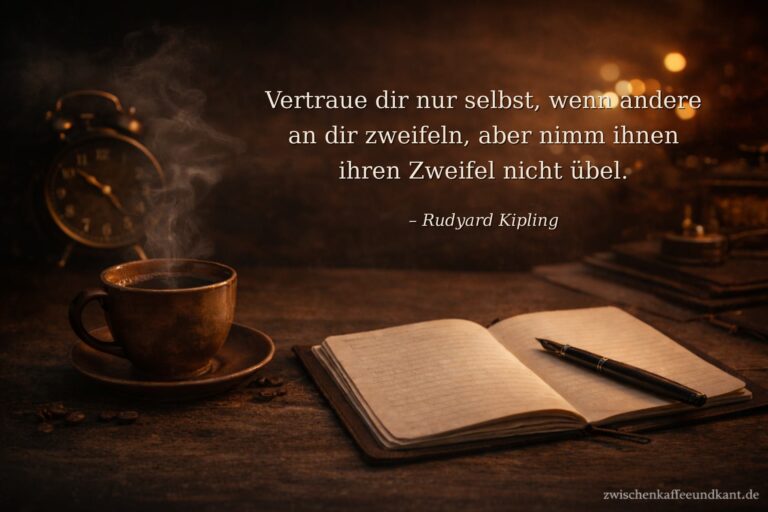 Kaffeetasse, Notizbuch und Uhr auf Holztisch mit Zitat von Rudyard Kipling über Vertrauen und Zweifel, unten rechts zwischenkaffeeundkant.de