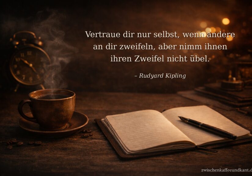 Kaffeetasse, Notizbuch und Uhr auf Holztisch mit Zitat von Rudyard Kipling über Vertrauen und Zweifel, unten rechts zwischenkaffeeundkant.de