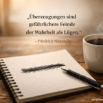 Notizbuch und Kaffee auf Holztisch – Feind im eigenen Kopf nach Friedrich Nietzsche